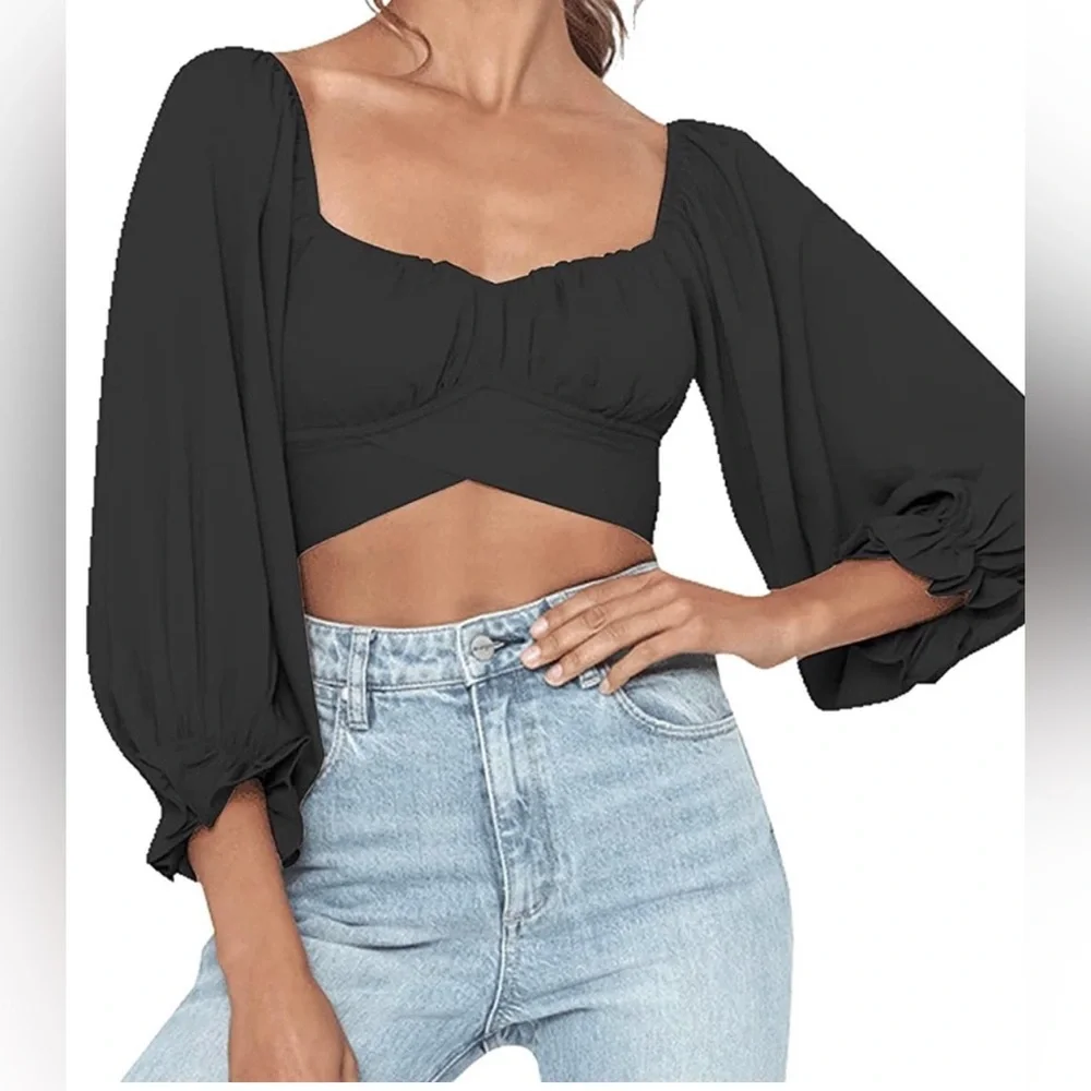 LYANER Women's Cute Off Shoulder Long Sleeve Self Tie Knot Crop Tube Top Blouse🖤 - Picture 6 of 6